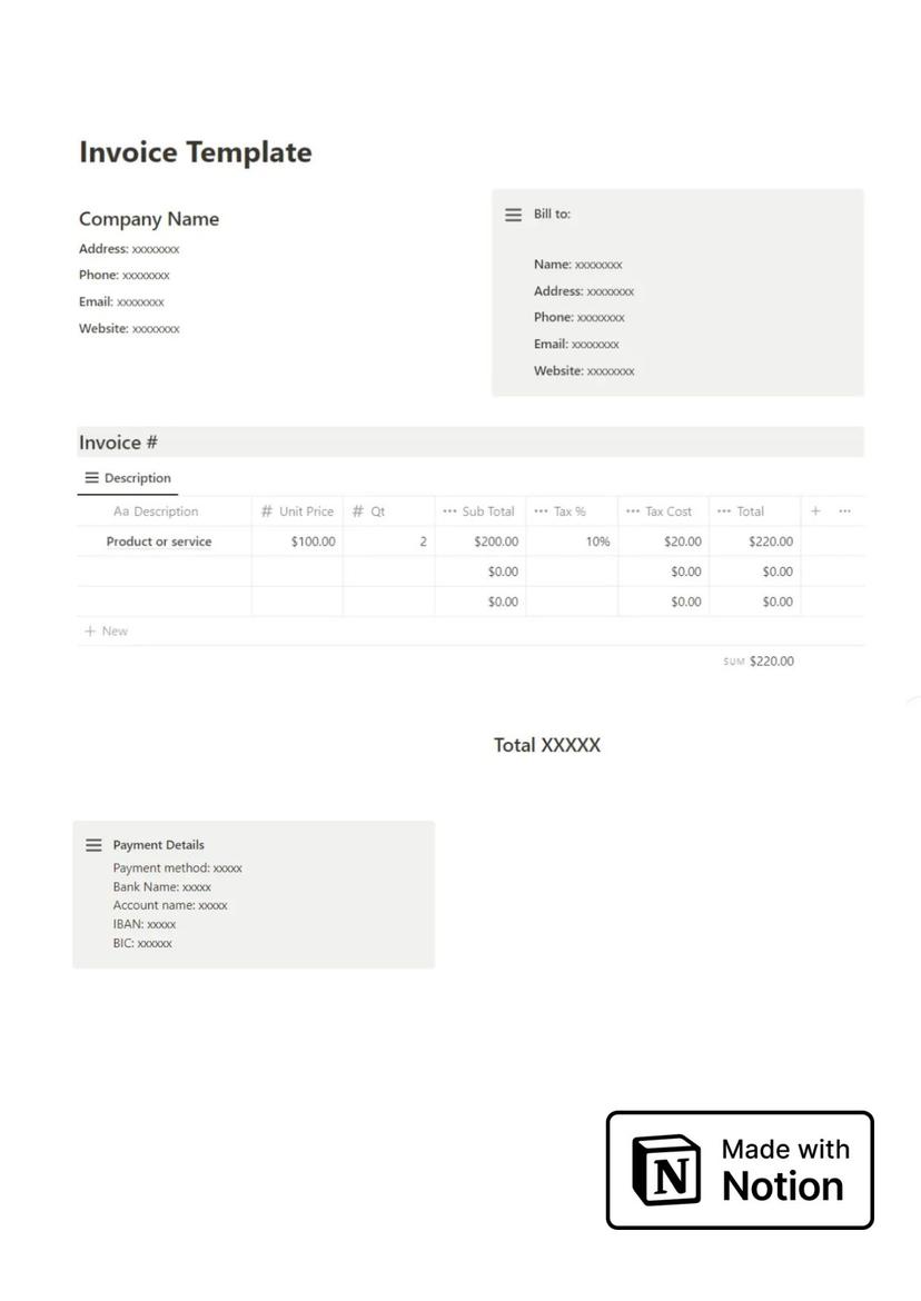 invoice template for notion